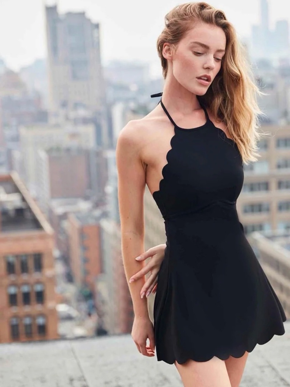 WISKII Black Scallop Halter Mini Tennis Dress